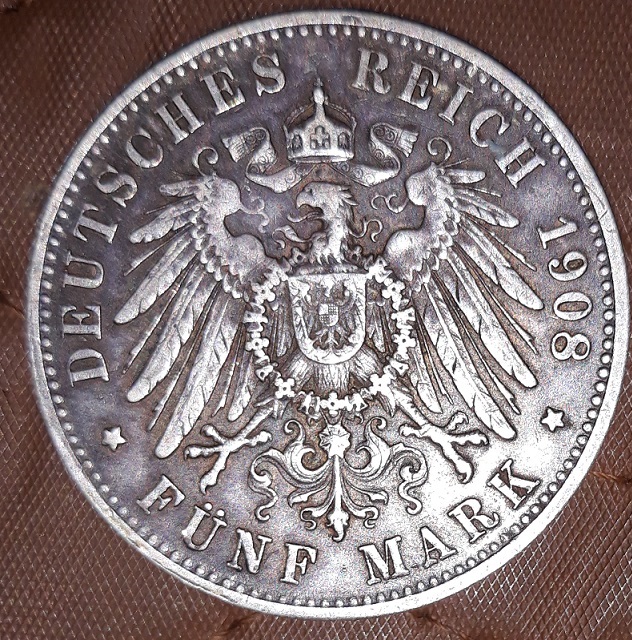 1908-German-States-Württemberg-5-Mark-Value